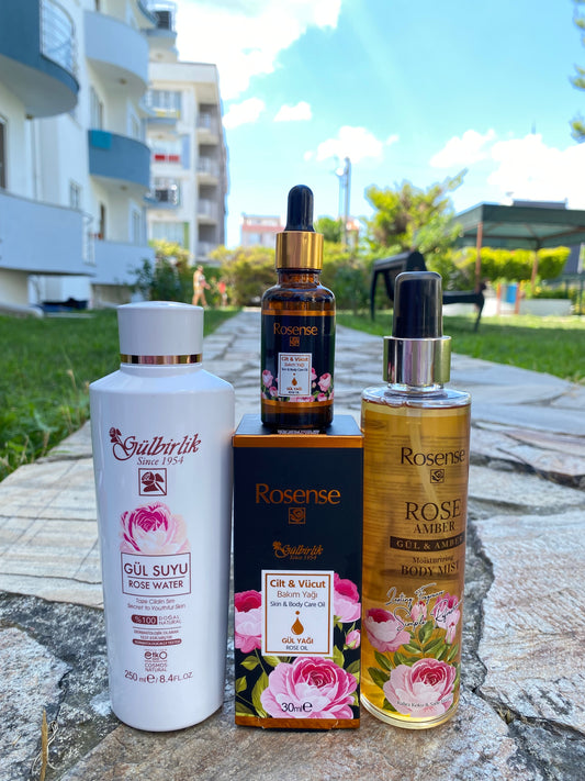 Rosense Gül & Amber Vücut Spreyi + Gül Suyu + Cilt & Vücut Bakım Yağı 3’lü Set