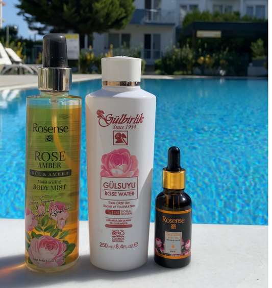 Rosense Gül & Amber Vücut Spreyi + Gül Suyu + Cilt & Vücut Bakım Yağı 3’lü Set - Gül Zamanı
