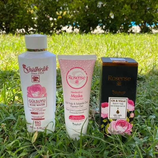 Gül Suyu + Nemlendirici Maske + Bakım Yağı 3'lü Cilt Bakım Seti - Gül Zamanı